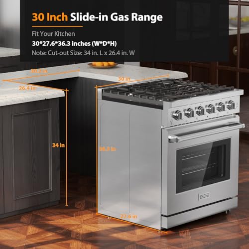 Empava 30 Inch Gas Range with True Convection, 4.55 Cu. Ft Oven, 18,000 BTU Power Burner for Searing, 5 Sealed Burners Cooktop, Convertible NG/LP, Stainless Steel, CSA Certified