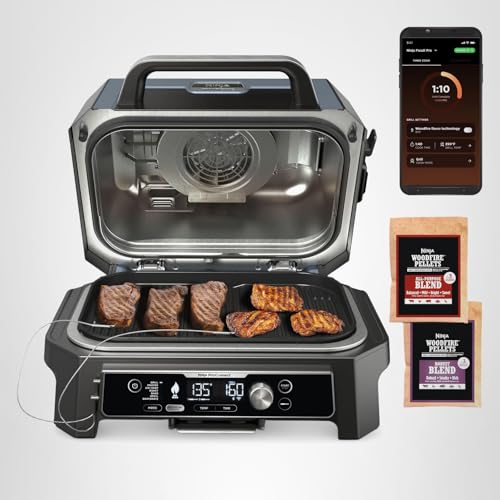 Ninja OG951 Woodfire Pro Connect Premium XL Outdoor Grill & Smoker, Bluetooth, App Enabled, 7-in-1 Master Grill, BBQ Smoker, Outdoor Air Fryer, Woodfire Technology, 2 Built-In Thermometers, Black/Blue