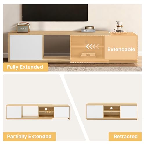 KISLOT Extendable TV Stand for TVs up to 90",Modern Entertainment Center with Adjustable Shelf,Television Stand with 2 Storage Cabinets,Wooden TV Media Console for Living Room Bedroom Natural Oak