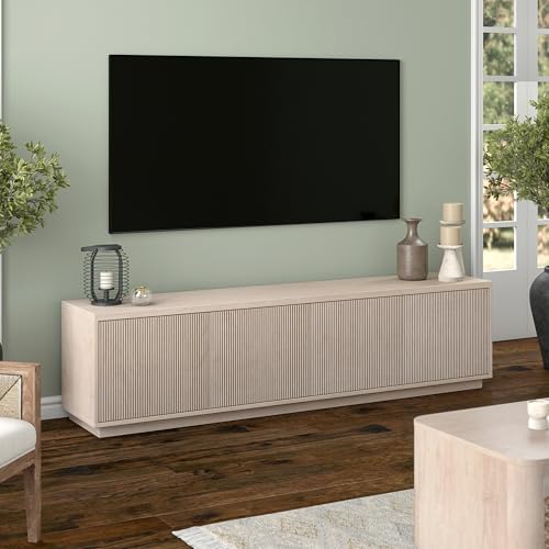 Henn&Hart Fluted TV Stand for TVs up to 85" with 2 Concealed Ribbed Storage Cabinets and Adjustable Shelves for Living Room, Family Room, or Office, Beech White