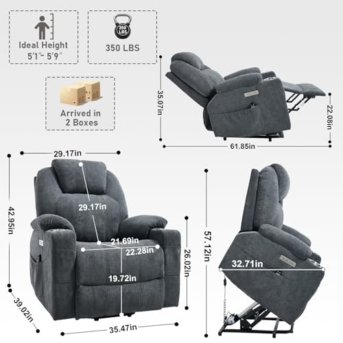 RHHVVR Electric Lift Recliner Chair, Overstuffed Zero-Gravity Recliner with Assisted Standing, Extra Wide Sofa with 8-Point Vibration Massage & Lumbar Heating, Medium-Soft, Grey