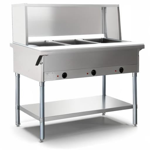 KoolMore 3-Pan Open Well Electric Stainless Steel Steam Table Food Warmer for Buffets with Sneeze Guard, Overshelf, Undershelf, Warming Control Knobs, Front Serving Area [120V] (KM-OWS-3SG), Silver