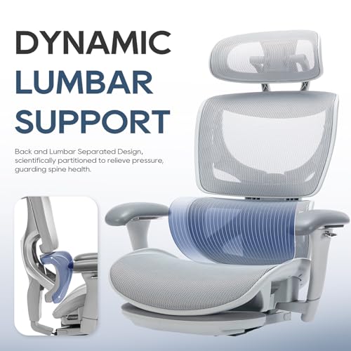 COLAMY Ergonomic Mesh Office Chair, High Back Desk Chair with Footrest, Adjustable Headrest and 3D Arms, Fixed Tilt Lock, Lumbar Support, Breathable Mesh Computer Chair for Home Office - Grey