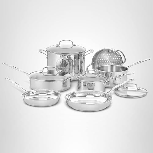 Cuisinart Chef’s Classic 11-Piece Stainless Steel Pots and Pans Set, Cookware Set Compatible with Induction, Electric, Gas Cooktops, Aluminum Core for Even Heat, Cool Grip Handles, Dishwasher Safe