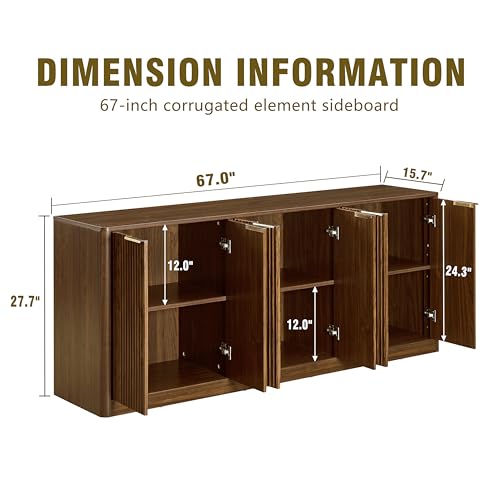 Ball & Cast 67" Fluted Walnut Buffet Cabinet Sideboard with Storage, Large Accent Cabinet with 6 Doors,Wood Mid Century Modern Sideboard for Living Room and Kitchen (67" W*27.7" H*15.7" D)