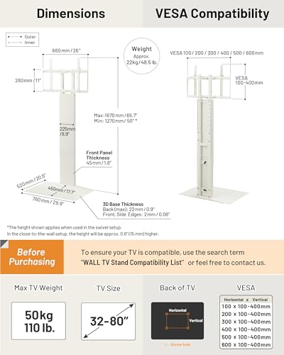 WALL V3SW High Type, Sleek Ultra-Thin Tall TV Stand for 32–80" TVs, Satin White, Swivel Function, Free Standing, Space-Saving Design, for Living Room and Bedroom, No Drill Setup, Japan-Engineered