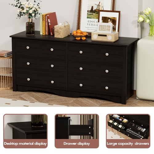 YESHOMY Black Dresser for Bedroom with 6 Drawers, 58" Wide Modern Chest of Drawers, Wooden Dresser, Storage Organizer for Living Room, Hallway
