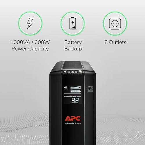 APC Back-UPS Pro 1000VA UPS, 600W Battery Backup & Surge Protector, AVR, 8 Outlets (NEMA 5-15R), LCD Display, BX1000M Uninterruptible Power Supply for Computers, Wi-Fi Routers, Home Office Electronics