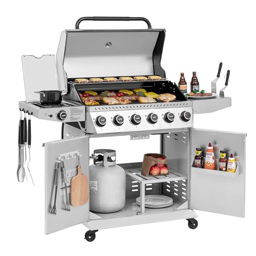 Royal Gourmet GA6406W 6 Burner Propane Gas Grill with Foldable Right-Side Table, 74,000 BTUs, Cabinet Style Gas BBQ Grill with Side Burner for Barbecue Grilling & Backyard Cooking, White