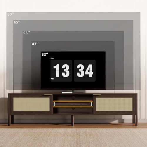 IKALIFE TV Stand for Living Room - Fits up to 80 Inch TVs, Rattan Media Console Table with Adjustable Shelves & 2 Storage Cabinets, Mid-Century Modern Entertainment Center, Walnut 71"