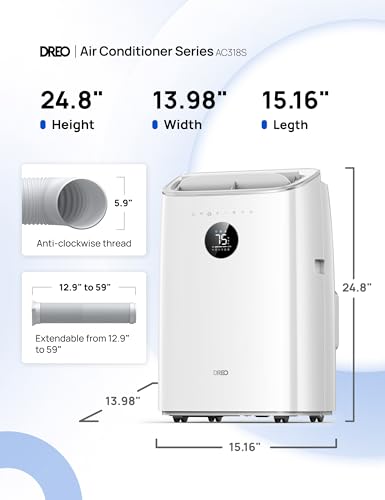 DREO Portable Air Conditioners, 8000 BTU ASHRAE (5000 BTU DOE) Smart AC Unit for Bedroom with Drainage-free Cooling, 45dB Quiet, APP/Voice/Remote, Portable AC for Room Indoors, AC318S