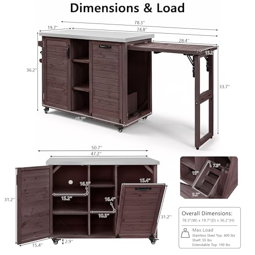 Merax 78.3" Outdoor Kitchen Island with Foldable Grill Table, Solid Wood Grill Cart with Storage & Stainless Steel Top, Bar Cart for Lawn & Garden, Dark Brown