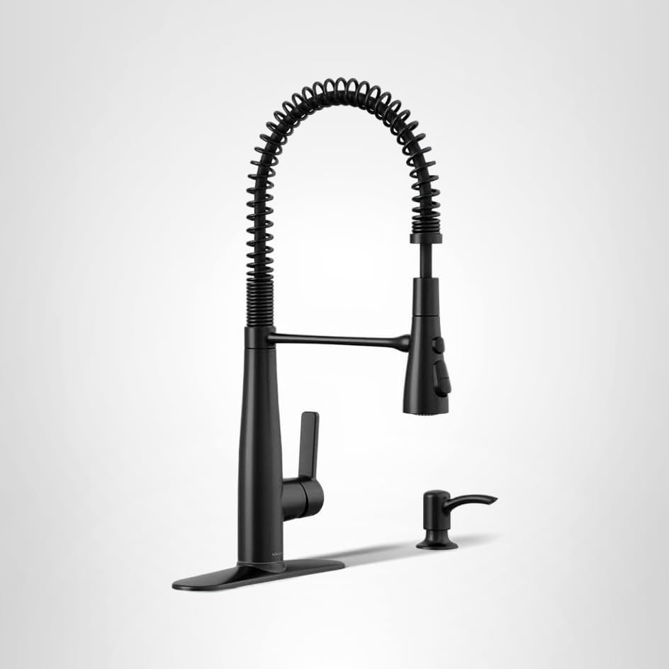 KOHLER K-REC22745-SD-BL Semi-Professional Kitchen Sink Faucets with Soap Dispenser, Commercial Kitchen Faucets with Pull Down Sprayer, Matte Black