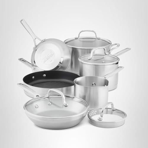 KitchenAid 3-Ply Base Brushed Stainless Steel Induction Pots and Pans Set with Nonstick Round Grill Pan and Lids, Dishwasher Safe, 10 Piece Cookware Set, Brushed Stainless Steel