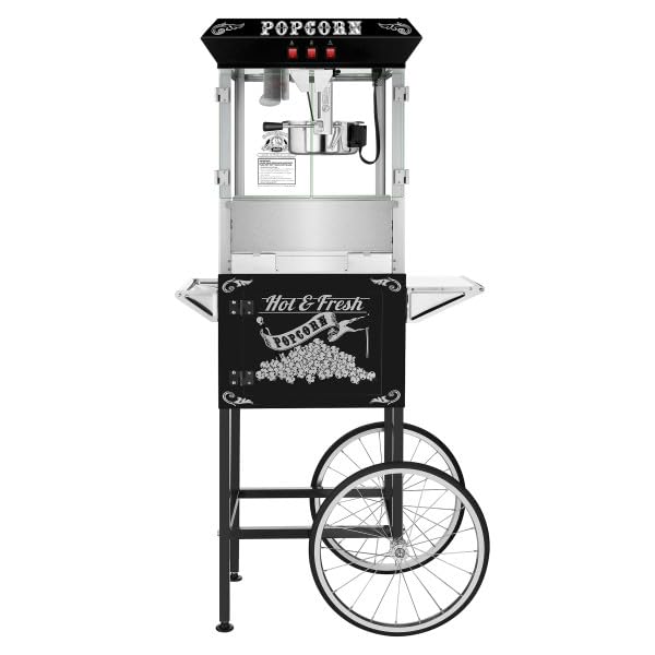 Popcorn Machine with Cart – 8oz Popper with Stainless-steel Kettle, Heated Warming Deck, and Old Maids Drawer by Superior Popcorn Company (Black)