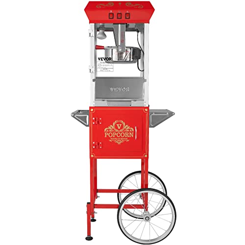 VEVOR Commercial Popcorn Machine, 8 Oz Kettle, 850 W Popcorn Maker on Wheels for 48 Cups per Batch, Theater Style Popper with 3-Switch Control Steel Frame Tempered Glass Doors Cart 1 Scoop 2 Spoons