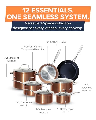 Nuwave Healthy G11-Pots and Pans Set Non Stick, 9H Near-Diamond Hardness Scratch-Resistant, Works on All Stovetops, PFAS Free, with Frying Pans, Saucepans & Glass Lids, Stay-Cool Handles, Copper