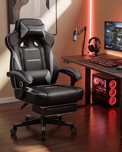GTPLAYER Gaming Chair with Footrest, Big and Tall Game Chair 350lb Racing Style Computer Chair, Ergonomic Executive Office Chair High Back with Lumbar Support and Recliner, Light Gray