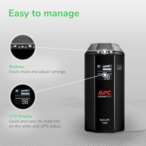 APC Back-UPS Pro 1000VA UPS, 600W Battery Backup & Surge Protector, AVR, 8 Outlets (NEMA 5-15R), LCD Display, BX1000M Uninterruptible Power Supply for Computers, Wi-Fi Routers, Home Office Electronics