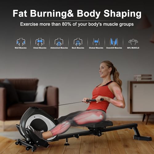 Magnetic Rowing Machine for Home | Adjustable 8-Speed Booster | Burn Fat & Sculpt Muscles | Supports Up to 265 LBS | Phone/Tablet-Ready Design
