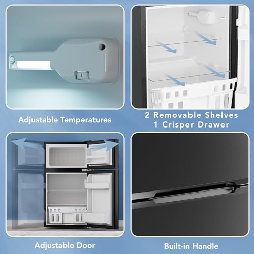 Electactic 3.1 Cu.Ft Mini Fridge with Freezer, 2 Door Compact Refrigerator, Mini Fridge with Adjustable Removable Glass Shelves for Bedroom, Office, Dorm or Apartment, Black