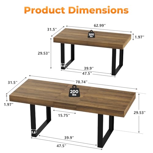Zevemomo 63"-78.7" Expandable Dining Table, 6-8 Extendable Dining Table, Rectangle Conference Table, Farmhouse Kitchen Table with Slide Track, Tapered U-Shaped Wood Legs for Office, Living Room-Brown