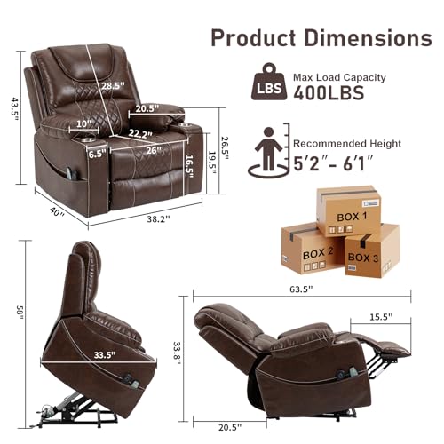RHHVVR Oversized Power Lift Recliner Chair 400 LBS for Big and Tall Elderly, 26" Extra Wide Zero Gravity Electirc Recliner Chair with Massage and Heating, Leather Home Theater Seat, Brown