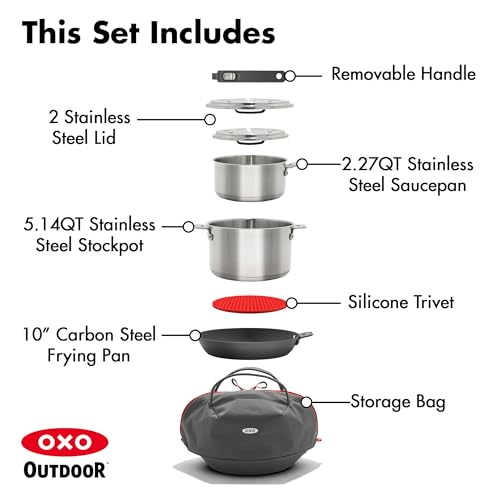 OXO Outdoor 8 Piece Camping Cookware Set, 10" Pre-Seasoned Carbon Steel Frying Pan Skillet, 2.25QT and 5QT Stainless Steel Saucepans with Lids, Removeable Handle, Trivet, Travel Bag, Space-Saving