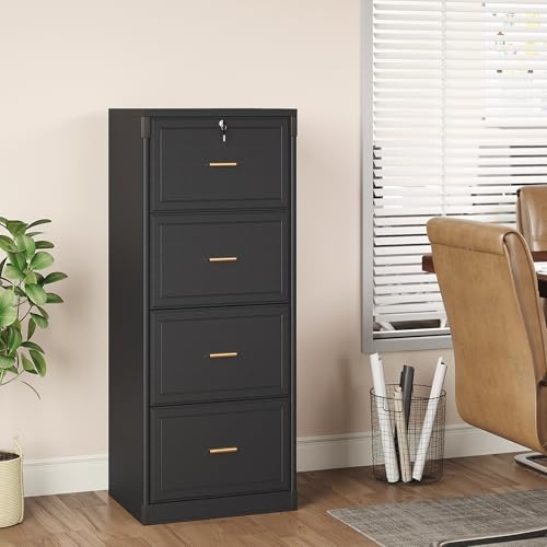 LITTLE TREE 4-Drawer File Cabinet with Lock, Large Vertical Storage Cabinet, Secure Space-Saver for Home Office, Compatible with A4/F4/Letter/Legal Size Files, Filing Cabinets for Home Office, Black