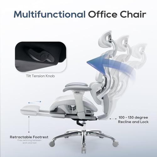 COLAMY Ergonomic Mesh Office Chair, High Back Desk Chair with Footrest, Adjustable Headrest and 3D Arms, Fixed Tilt Lock, Lumbar Support, Breathable Mesh Computer Chair for Home Office - Grey