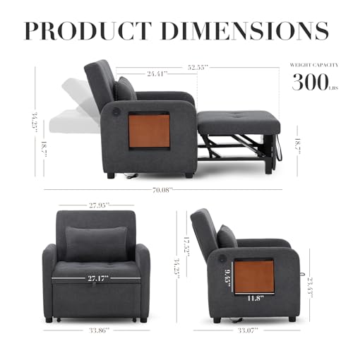 Convertible Sleeper Chair-Fabric Futon Sofa Bed, Single Sleeper Sofa, Small Couch Bed with USB Port, Foldable Table, Pillow, Adjustable Backrest for Dorm/Bedroom/College Darkgrey