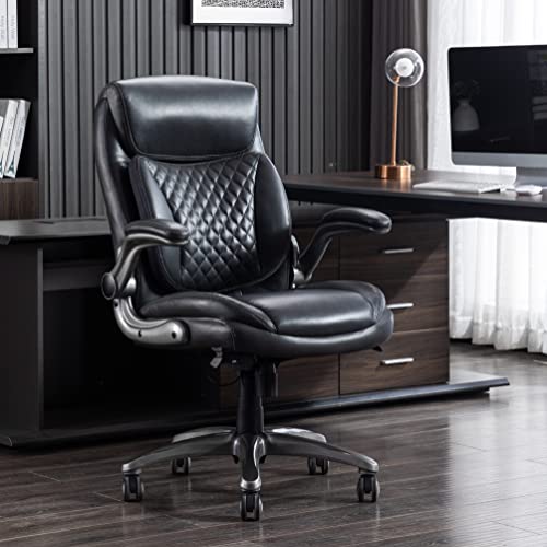 Amazon Basics Ergonomic Executive Office Desk Chair with Lumbar Support, Flip-up Armrests, Adjustable Height, Grey Leather