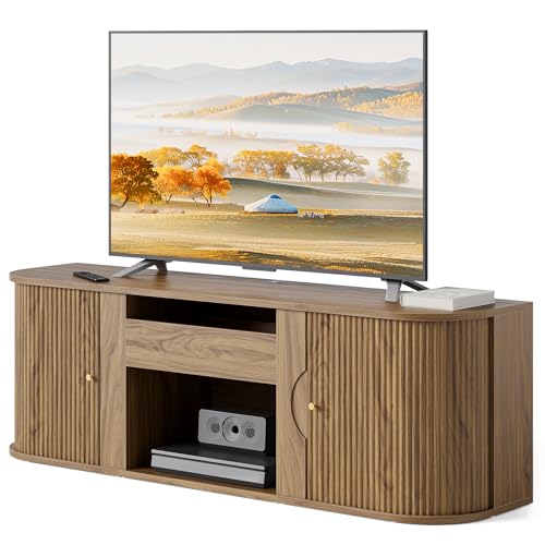 LITTLE TREE 70-Inch TV Stand for Projector, Entertainment Center with Ample Storage, Mid-Century Modern Media Console for Living Room, Bedroom, Wooden Stand for Short Throw Projector, Walnut Brown