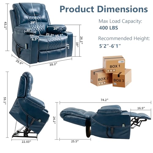 RHHVVR Oversized Power Lift Recliner Chair 400 LBS for Big and Tall, 25" Extra Wide Electirc Recliner Chair Living Room Sofa with Massage and Heating, Dual Motor Leather Home Theater Seat,Blue