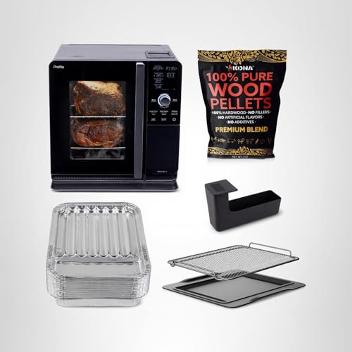 GE Profile™ Smart Indoor Pellet Smoker + Accessories Bundle, Includes Four 1lb Bag, Strainer, 20-pack of Drip Pan Liners, and Prep Tray, Stainless Steel, Carbon Black