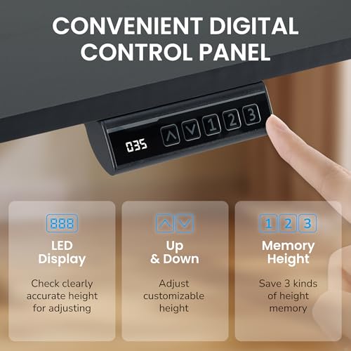 Hexago 63 x 24 Inch Electric Standing Desk, Height Adjustable Sit Stand Desk with Splice Board, 3 Memory Presets, Dual Hooks, Sturdy T-Leg Frame – Black
