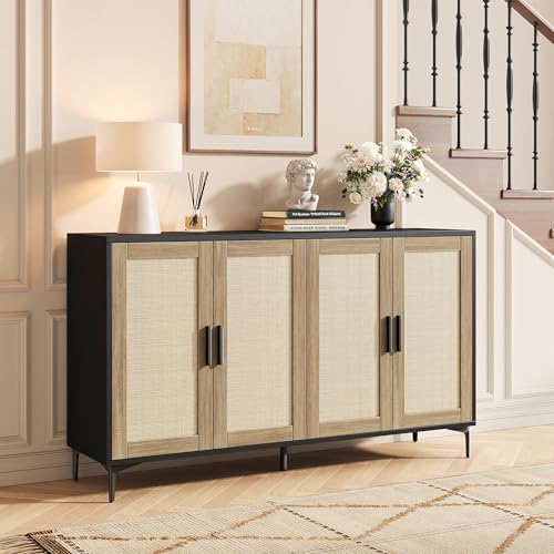 JASIWAY Buffet Cabinet with Storage, 48" Rattan Sideboard with Adjustable Shelves, Modern Coffee Bar Cabinet Console Table with Doors, Credenza for Kitchen, Living Room, Entryway, Dining Room, Black
