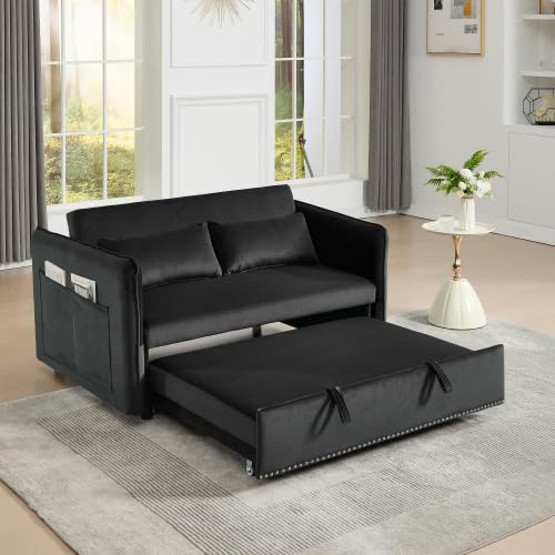 Trygoal 3 in 1 Convertible Sofa Bed, Pull Out Couch with Side Pockets, Velvet Fabric Loveseat Sleeper Sofa Bed, Pull Out Couch with Adjustable Backrest for Living Room, Bedroom, Apartment, Black