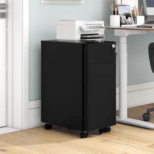 YITAHOME 3 Drawer File Cabinet, Mobile Filing Cabinet for Home Office, Metal Slim File Cabinet Drawers with Lock, Pre-Built Office Storage Cabinet for A4/Letter/Legal (Black)