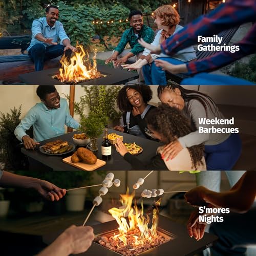 East Oak 28" Upgraded Outdoor Fire Pit Table | 52,000 BTU Fire Pit Table for Outside with Magnetic Lid | Storage Basket & Lava Rocks | CSA Certified for Patio, Garden & Backyard | Black