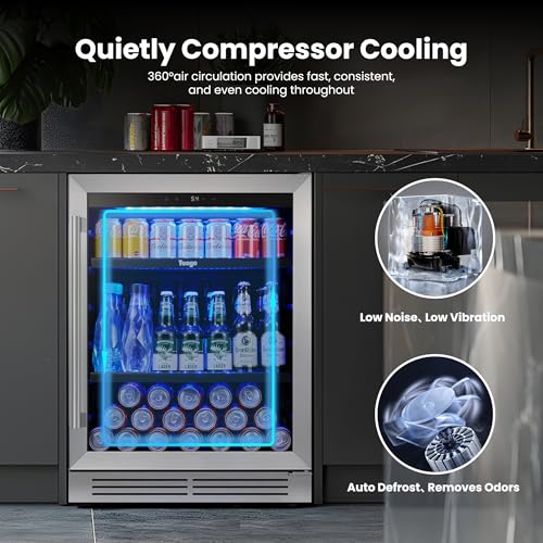 Yeego 24 Inch Beverage Refrigerator – 180 Can Built-In Under Counter Drink Fridge with Glass Door, 34–54°F Cooling for Beer, Soda & Wine (Right-Hinged)