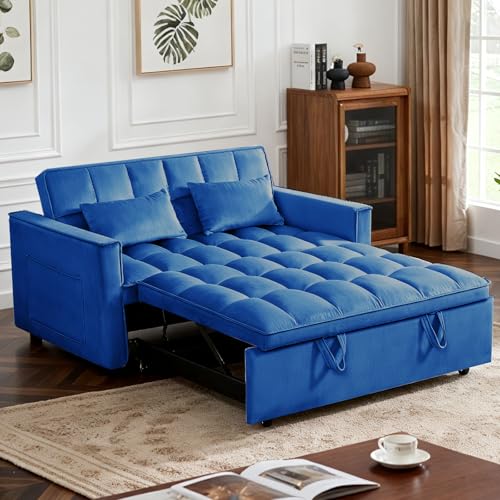 Trygoal Convertible Sofa Bed, Pull Out Couch with Side Pockets, 3 in 1 Velvet Fabric Loveseat Sleeper Sofa Bed, Pull Out Couch with Adjustable Backrest for Living Room, Bedroom, Apartment, Blue