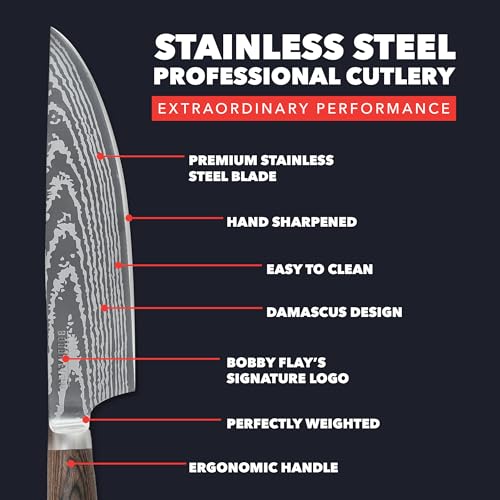 GreenPan x Bobby Flay 13 Piece Stainless Steel Cutlery Kitchen Knife Block Set, Premium Stainless Steel Blades, Acacia Wood Knife Block, Hand Finished Ergonomic Wood Handle, Damascus Steel Design