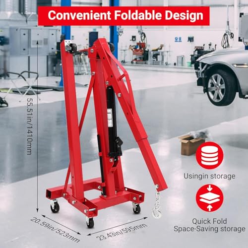 2 Ton Folding Hydraulic Engine Hoist with Load Leveler 4400 LBS Capacity Heavy Duty Cherry Picker 6 Swivel Wheels&Hydraulic Pump Adjustable Boom (0.5T-2T) for Garage Workshop Warehouse Orange