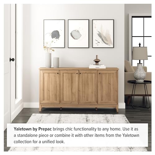 Prepac Yaletown 4 Panel Door Console Table with Storage, Oak Storage Cabinet with Doors and Shelves, Sideboard Storage Cabinet 60" W x 32" H x 16" D, OCBG-2220-1