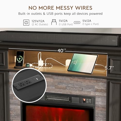 72" LED Fireplace TV Stand with Outlet, Electric Fireplace with Mantel for TVs Up to 80 Inch, Entertainment Center with Storage, Fireplace Heater Insert with 3D Flame Effect for Living Room, Black