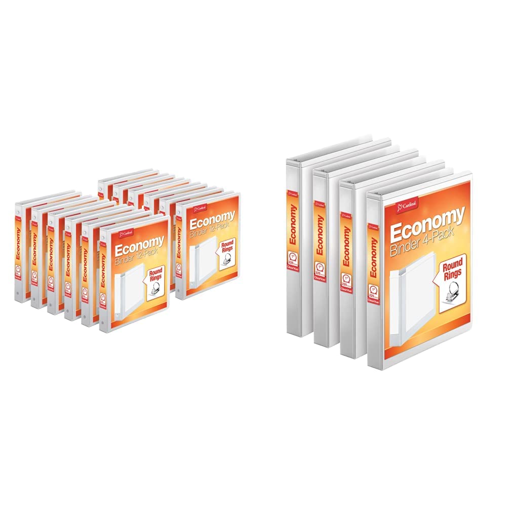 Cardinal Economy 3-Ring Binders, 1", Round Rings, Holds 225 Sheets, ClearVue Presentation View, Non-Stick, White, Carton of 12 (90621)
