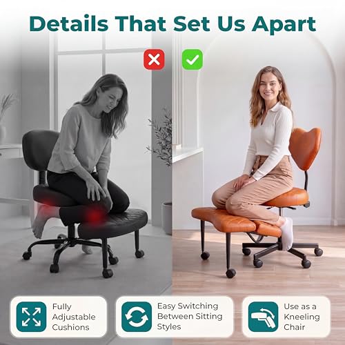 NYPOT Active Sitting Office Chair — Ergonomic Multi-Position Seat (Cross-Legged, Kneeling & Perch) with Adjustable Knee Rest, Back Support, Wheels & 360° Swivel (Brown)