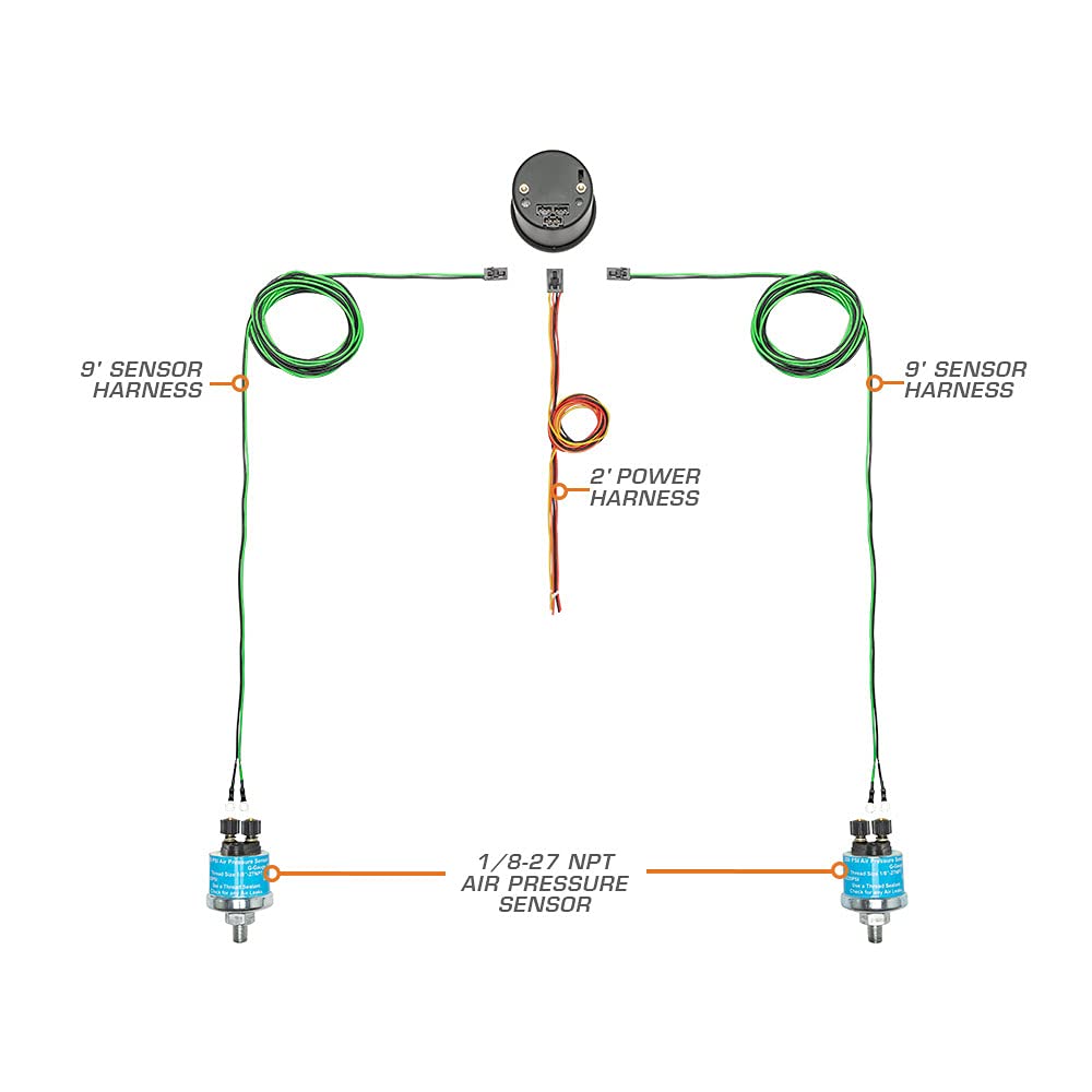 GlowShift Tinted 7 Color Dual Digital 220 PSI Air Pressure Gauge Kit - for Air Ride Suspension Systems - Includes 2 Electronic Sensors - Multi-Color LED Display - Smoked Lens - 2-1/16" 52mm