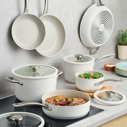 Circulon Halo with LaserDefense Ceramic Nonstick Pots and Pans with Lids, Compatible with All Stovetops, Made without PFAS, Dishwasher and Oven Safe, 11 Piece Cookware Set - Pearl White